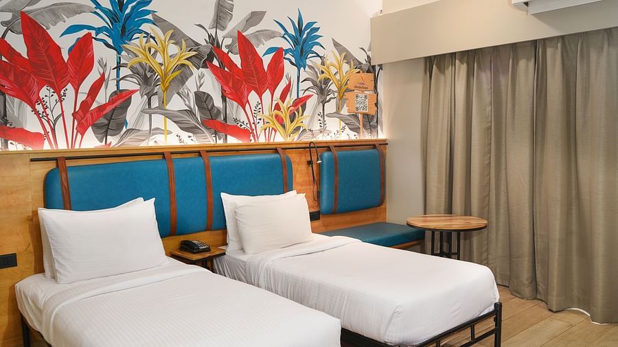 Twin beds in Cozy Twin Room at Indie Stays Resort, Goa.